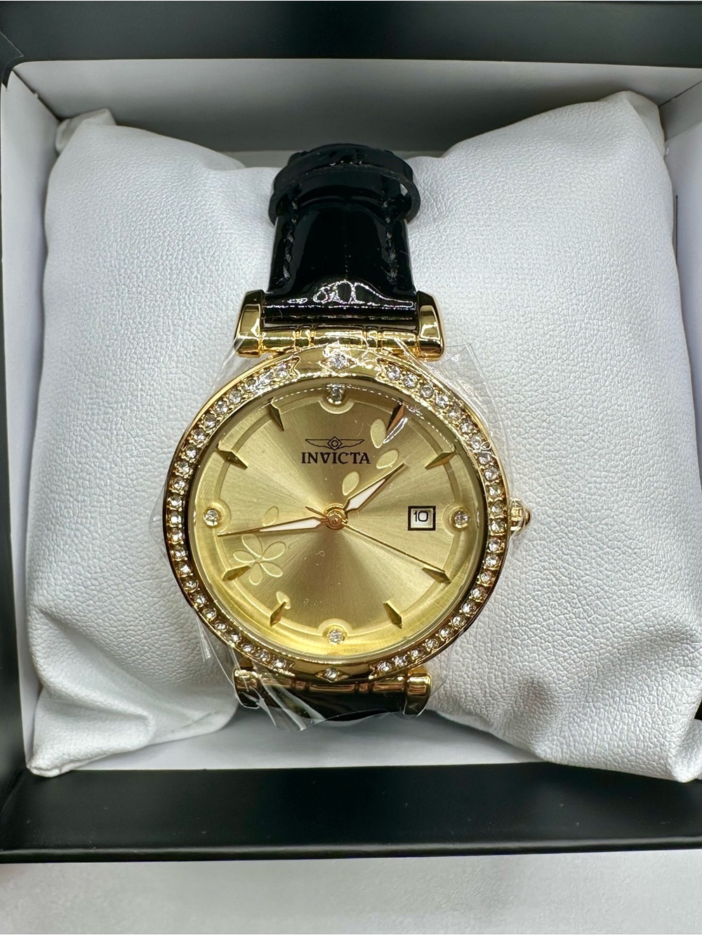 NEW IN BOX✨ Invicta Celestial Lady 33.2mm Gold Watch Black Genuine Leather 70311